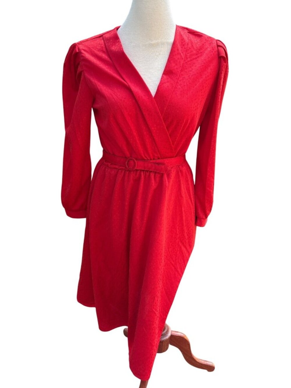 Vintage Red Cotton Dress Belted Waist & Puff Long Sleeve Made In USA Size Medium